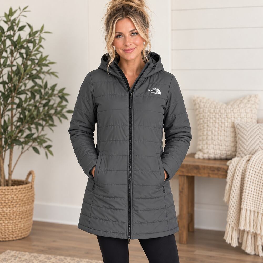 The North Face Women’s Grey Hooded Quilted Full Zip Long Jacket Coat